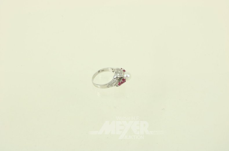 Ring mit Perle u. 4 kl. Rubinen