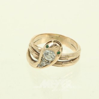 Ring 'Schlange', besetzt mit 5 Altschliff-Diamanten u. 2 kl. Smargaden