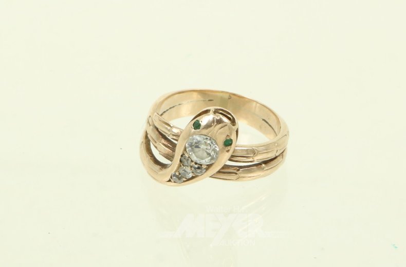 Ring 'Schlange', besetzt mit 5 Altschliff-Diamanten u. 2 kl. Smargaden