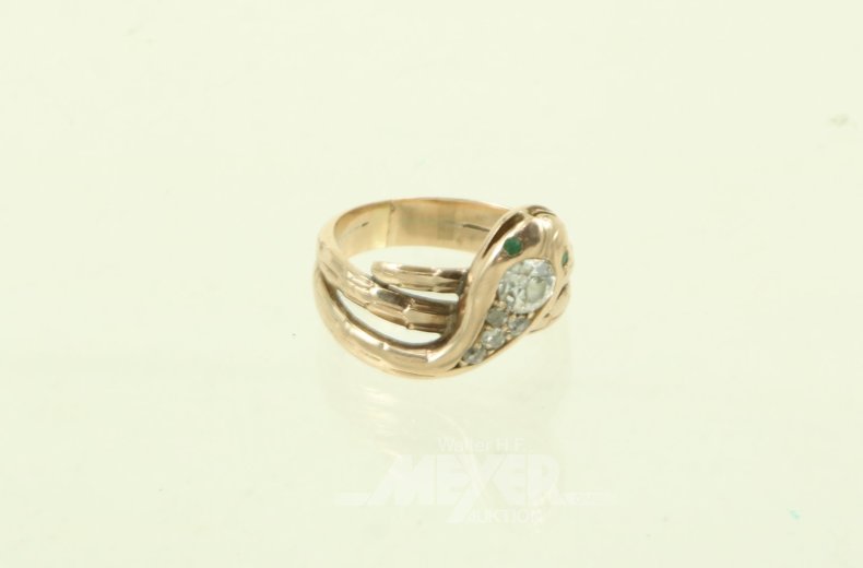 Ring 'Schlange', besetzt mit 5 Altschliff-Diamanten u. 2 kl. Smargaden