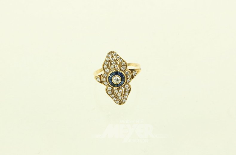 Ring, Navettform mit kl. Brillanten und Saphiren