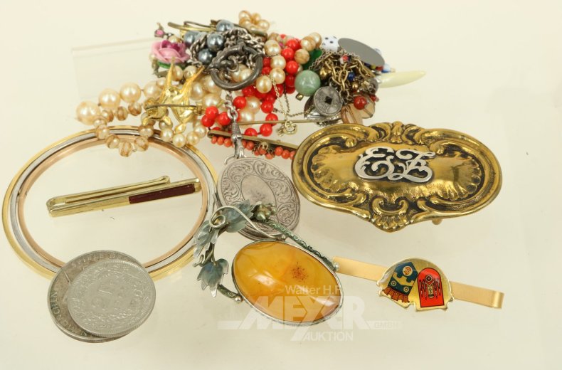 Konvolut Modeschmuck, sowie 2 BRD 10 DM Gedenkprägungen