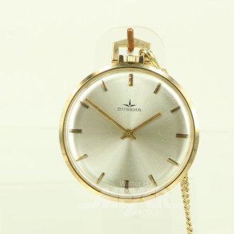 Taschenuhr, vergoldet, mit Uhrenkette in 585 GG