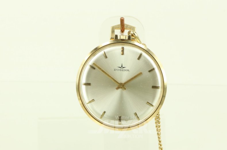 Taschenuhr, vergoldet, mit Uhrenkette in 585 GG
