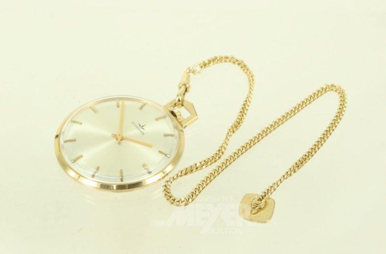 Taschenuhr, vergoldet, mit Uhrenkette in 585 GG