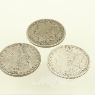 3 Silbermünzen USA 1 Dollar 1878-1880