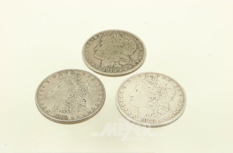 3 Silbermünzen USA 1 Dollar 1878-1880