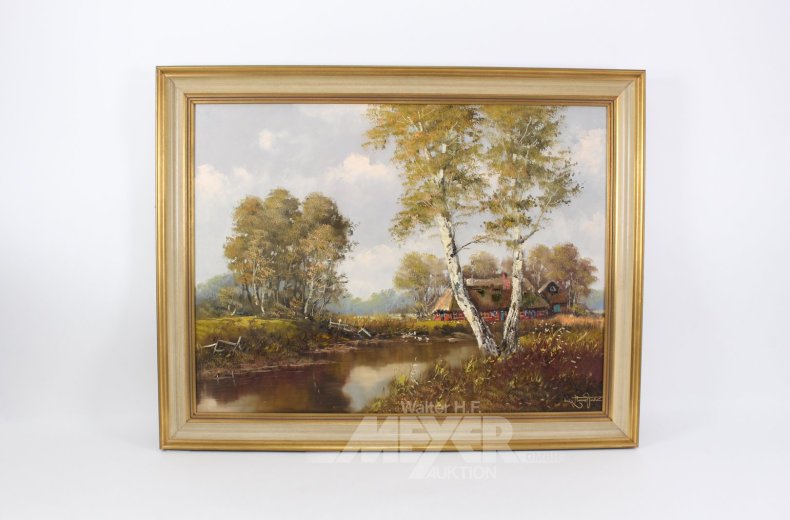 Gemälde "Bauernkate am Flusslauf mit Birke"