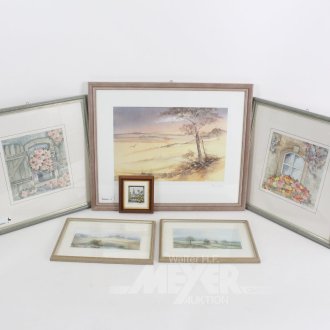 6 versch. Bilder / Grafiken "florale Fensteransichten u. Landschaften" u. Radierung "Frankfurt"