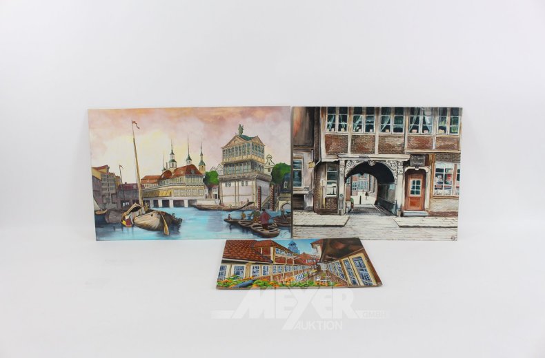 7 Gemälde mit historischen Stadtansichten von Hamburg