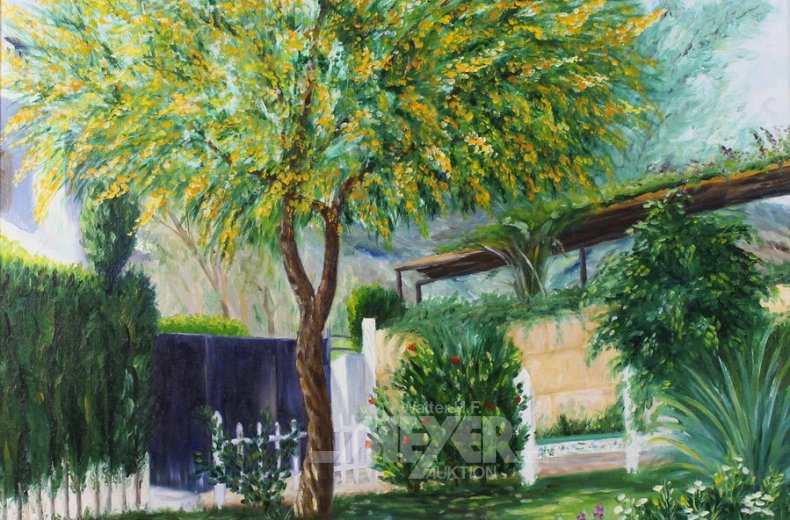 2 Gemälde 'Mediterrane Hausansicht' u. 'Im Garten'