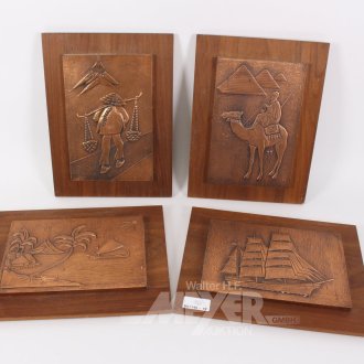 4 Vintage Kupferreliefs "Kamel, Südsee, Segelschiff, Reisbauer"