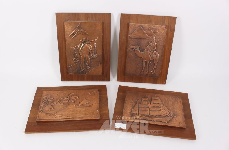 4 Vintage Kupferreliefs "Kamel, Südsee, Segelschiff, Reisbauer"