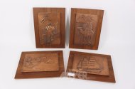 4 Vintage Kupferreliefs "Kamel, Südsee, Segelschiff, Reisbauer"