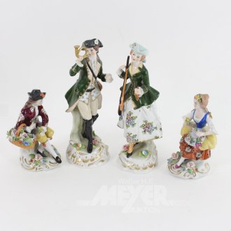 4 Porzellanfiguren "Jägerpaar und Blumenverkäufer"