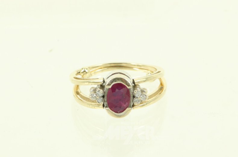 Damenring mit 1 Rubin, 1 Saphir u. 12 Diamantrosen