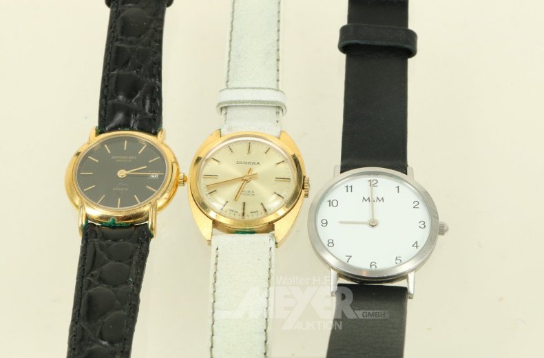 3 kleine Damenarmbanduhren, u.a.: RAYMOND WEIL, M&M, DUGENA