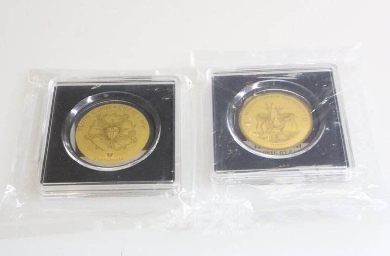 5 Goldmünzbarren Republik Tschad u. Tokelau zu je 1/500 oz sowie 1x zu 1/200 oz