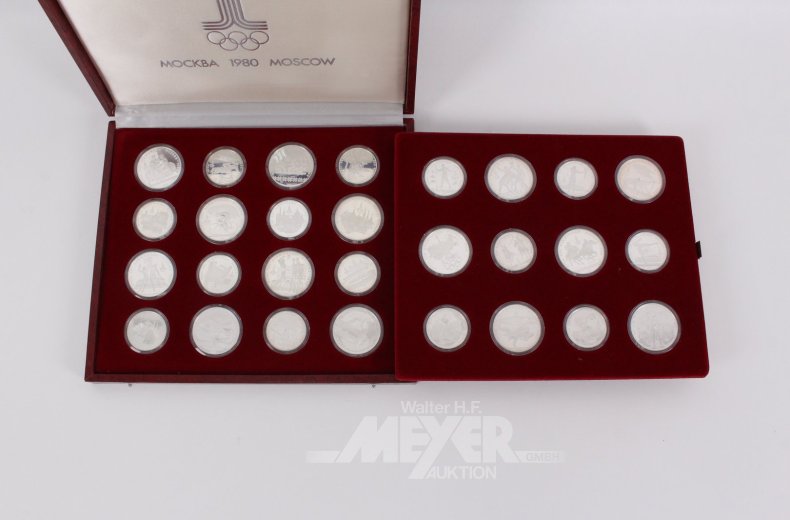 Silbermünzen-Sammlung Moskau 'XXII. Olympischen Spiele' zu 5 u. 10 Rubel 1977-1980