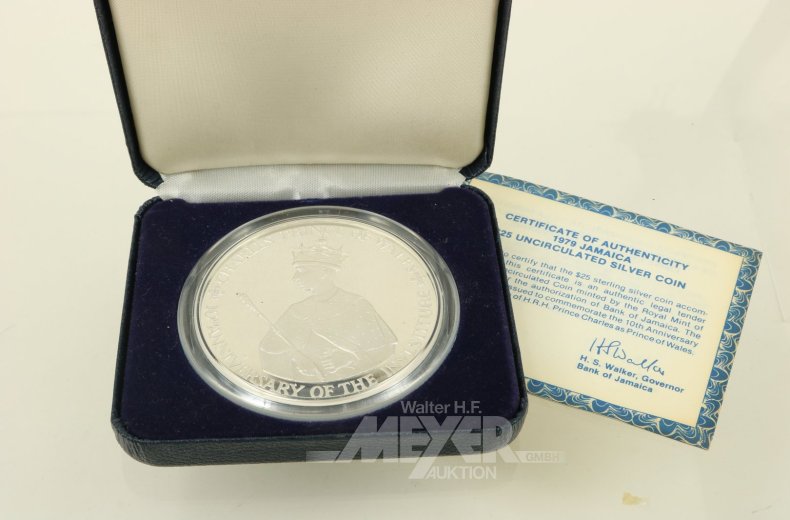 Silbermünze Jamaica 25 Dollars '10. Jahrestag der Investitur von Prinz Charles' 1979