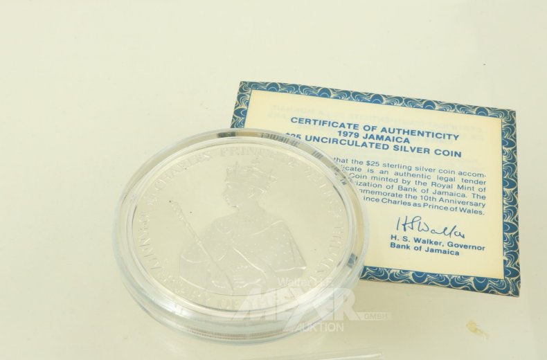 Silbermünze Jamaica 25 Dollars '10. Jahrestag der Investitur von Prinz Charles' 1979