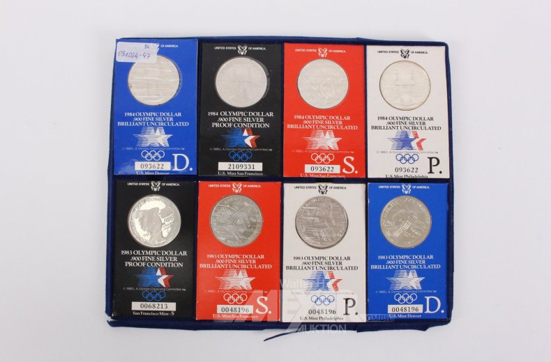 8 Silbermünzen USA '1 Olympic Dollar' 1984