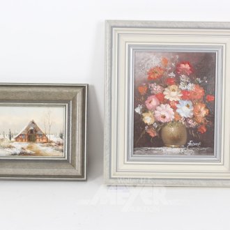 2 kl. Gemälde "winterliche Landschaft mit Kate und Blumenstillleben"