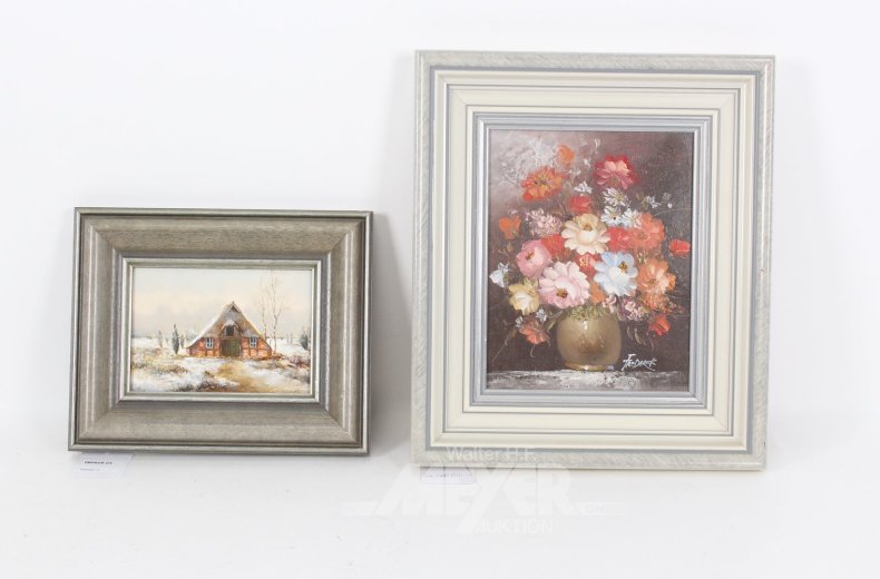 2 kl. Gemälde "winterliche Landschaft mit Kate und Blumenstillleben"