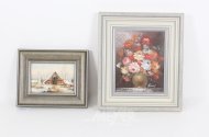 2 kl. Gemälde "winterliche Landschaft mit Kate und Blumenstillleben"