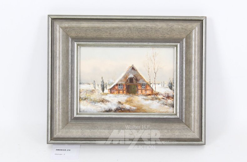 2 kl. Gemälde "winterliche Landschaft mit Kate und Blumenstillleben"