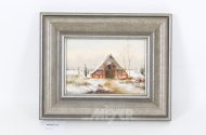 2 kl. Gemälde "winterliche Landschaft mit Kate und Blumenstillleben"
