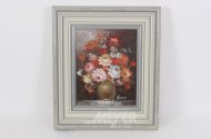 2 kl. Gemälde "winterliche Landschaft mit Kate und Blumenstillleben"