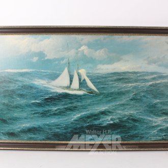 2 Drucke "Schiff im Hafen - Segler auf hoher See"