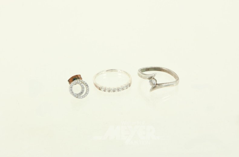 2 Silberringe u. 1 Modeschmuck-Ohrstecker