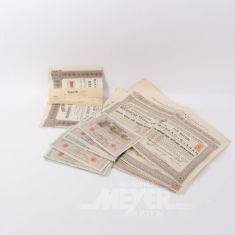 Konvolut historische russische Wertpapiere sowie 16x 1000 Mark Reichsbanknote, nahezu kassenfrisch