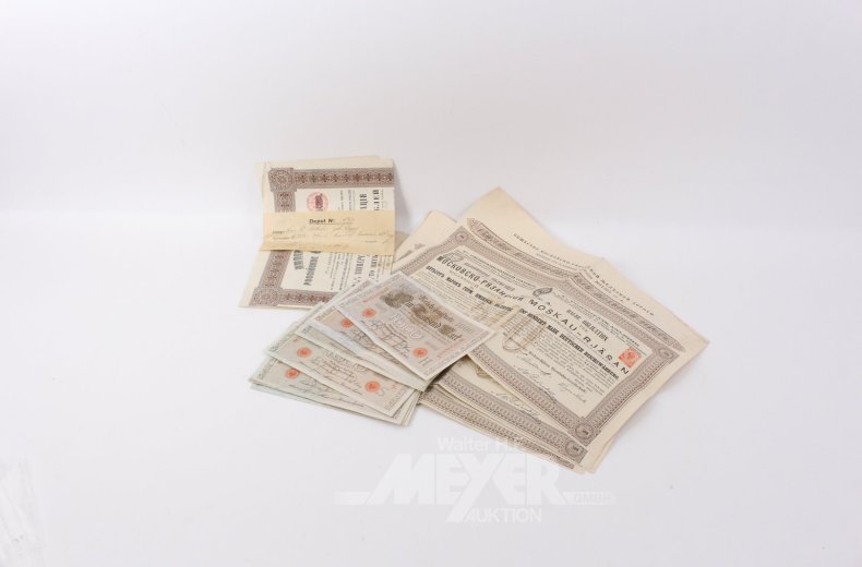 Konvolut historische russische Wertpapiere sowie 16x 1000 Mark Reichsbanknote, nahezu kassenfrisch