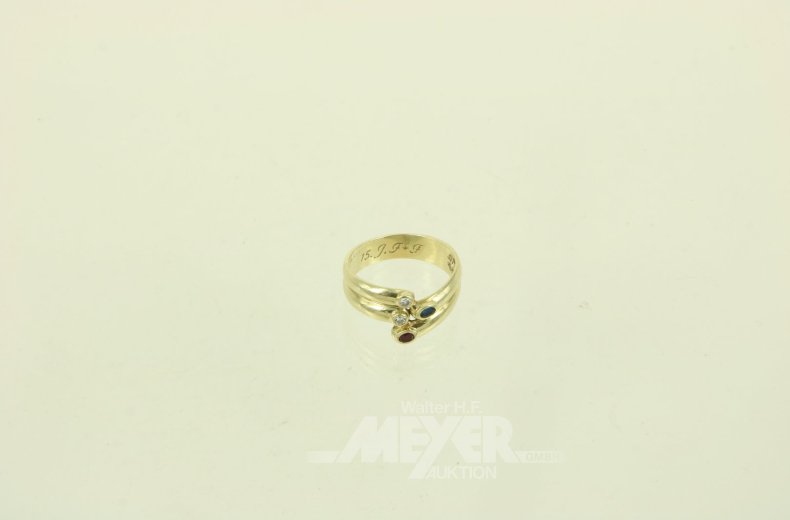 Ring mit 2 Farbsteinen u. 2 kl. Brillanten
