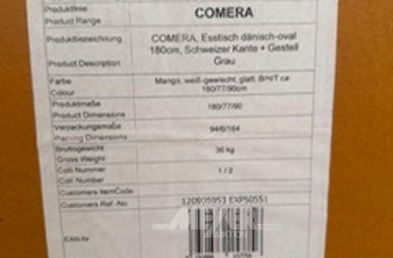 Lagerpartie Esstische COMERA, dänisch-oval 150cm, Schweizer Kante + Gestell Grau 303 11.211,0 67,00 606, Mango, weiß-gewischt, B/H/T ca: 150/77/85cm; ca. 541 Stück,