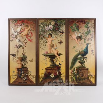 Triptychon 3-tlg. "Tauben, Pfau, Schmetterling ubnd Putti"
