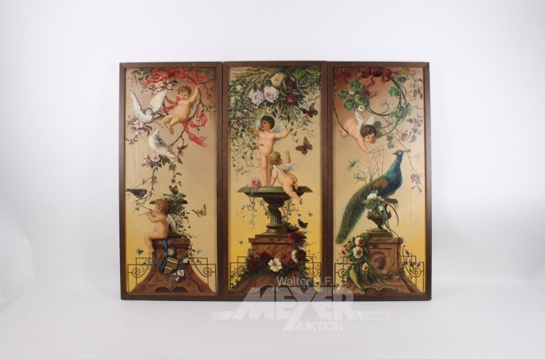 Triptychon 3-tlg. "Tauben, Pfau, Schmetterling ubnd Putti"