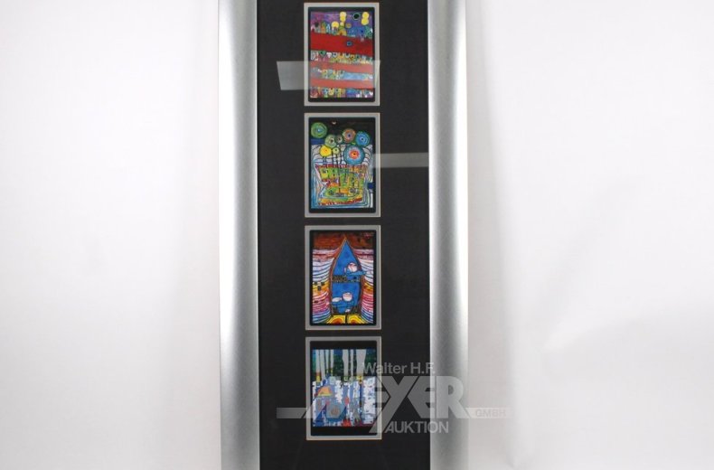 Bilderahmen mit 4 Drucken im Postkartenformat nach F. Hundertwasser