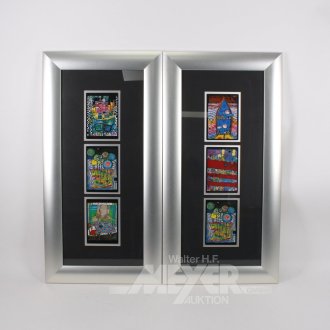 3 Bilderrahmen mit je 3 Drucken im Postkartenformat nach F. Hundertwasser