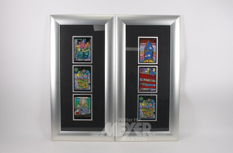 3 Bilderrahmen mit je 3 Drucken im Postkartenformat nach F. Hundertwasser