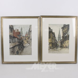 2 color. Radierung "Blick auf die Nikolaikirche und Blick auf den Michel"