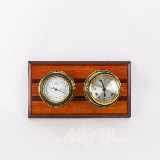 Schiffsuhr u. Barometer, auf Holztafel montiert