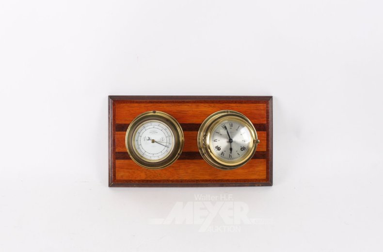 Schiffsuhr u. Barometer, auf Holztafel montiert