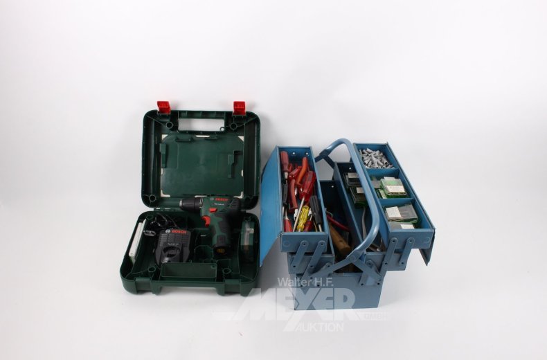 2 Scherenwerkzeugkoffer, gefüllt u. BOSCH Akkuschrauber