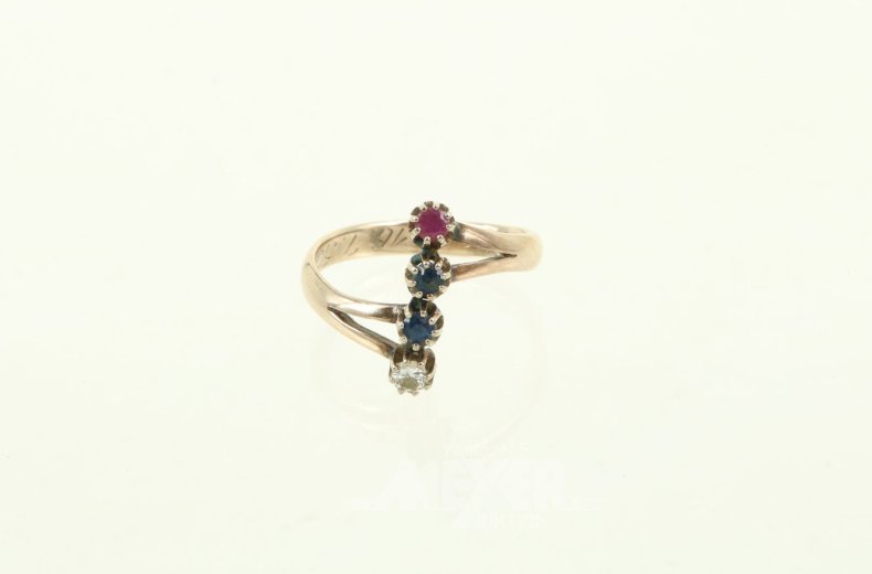 Ring mit 1 Brillant, 1 Rubin u. 2 Saphiren