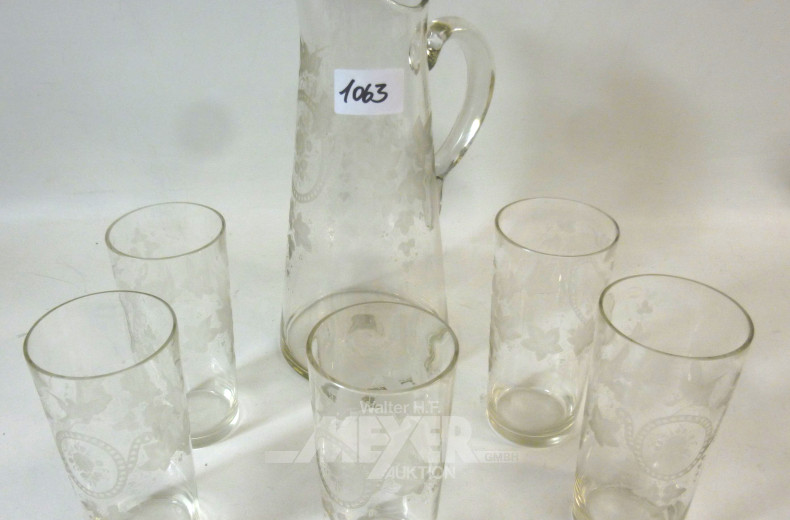 Saftkanne mit 5 Gläsern, Weinlaubdekor