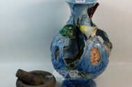 gr. Keramikvase, blau, Blumendekor,